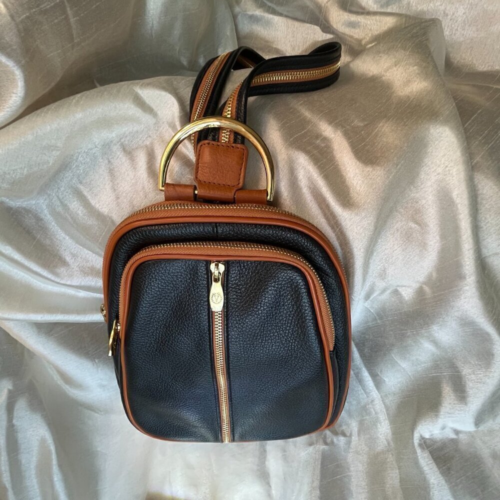 Valentina Italy Genuine Pebble Leather Convertible Backpack - Black/Tan - Picture 13 of 15